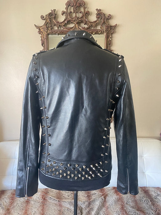 High Quality Mens Lambskin Leather Motorcycle Jacket w Black Studs, L