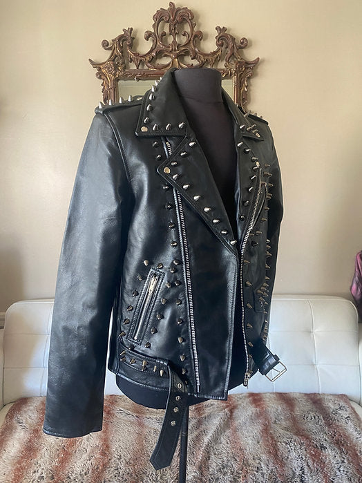 High Quality Mens Lambskin Leather Motorcycle Jacket w Black Studs, L