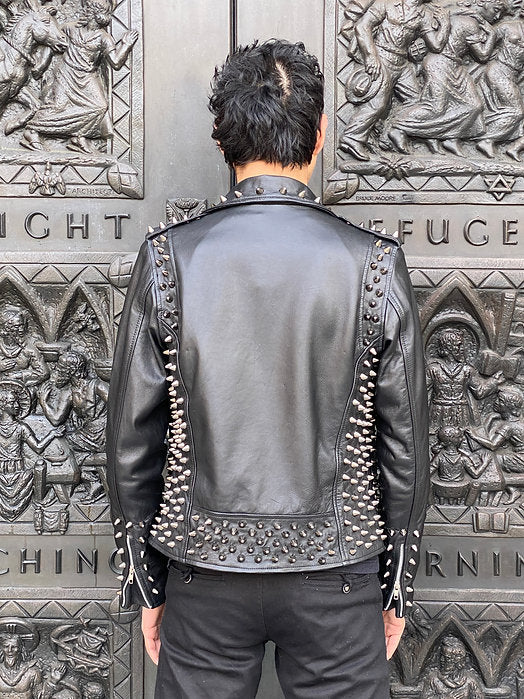 Custom Order High Quality Lambskin Leather Motorcycle Jacket w Black Studs, XS-4XL