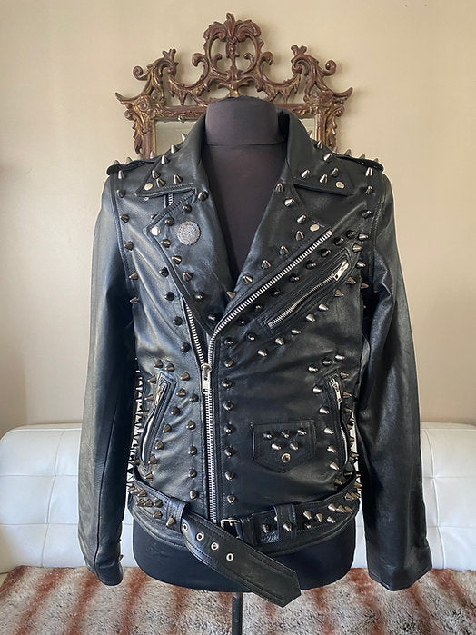 Custom Order High Quality Lambskin Leather Motorcycle Jacket w Black Studs, XS-4XL