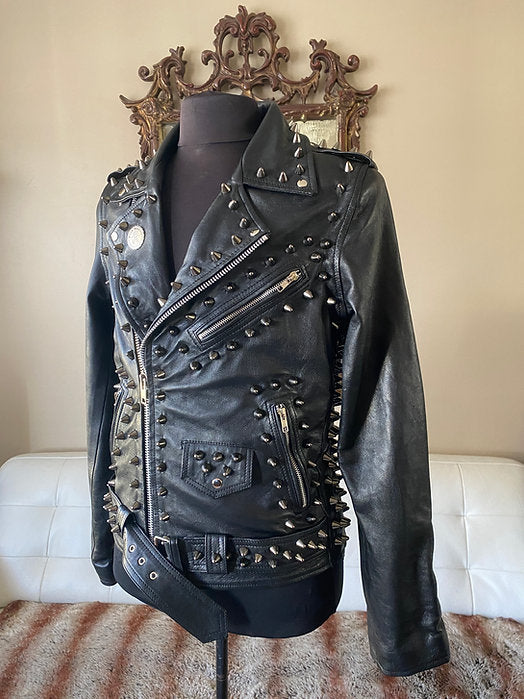 Custom Order High Quality Lambskin Leather Motorcycle Jacket w Black Studs, XS-4XL