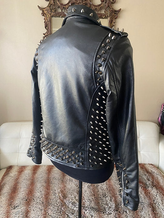 Custom Order High Quality Lambskin Leather Motorcycle Jacket w Black Studs, XS-4XL