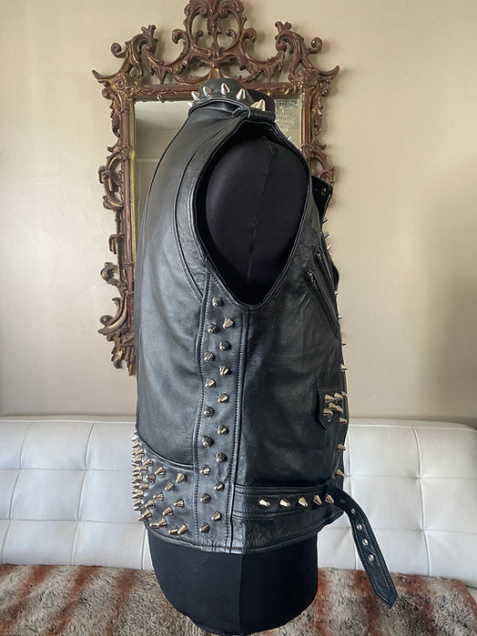 Mens Silver Studded High Quality Lambskin Leather Mens Vest, M