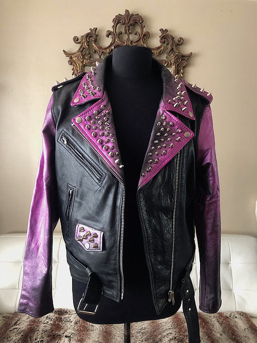 Pink "Distressed Look" Metallic Studded Cow Leather Motorcycle Jacket, Size M