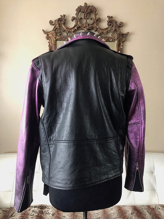 Pink "Distressed Look" Metallic Studded Cow Leather Motorcycle Jacket, Size M