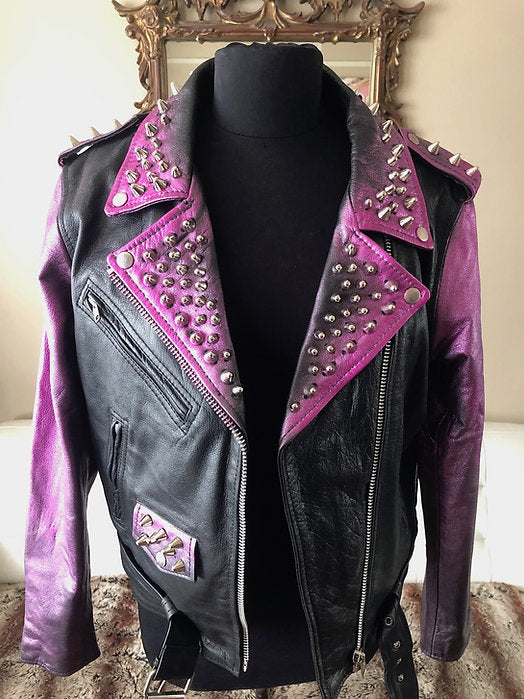 Pink "Distressed Look" Metallic Studded Cow Leather Motorcycle Jacket, Size M