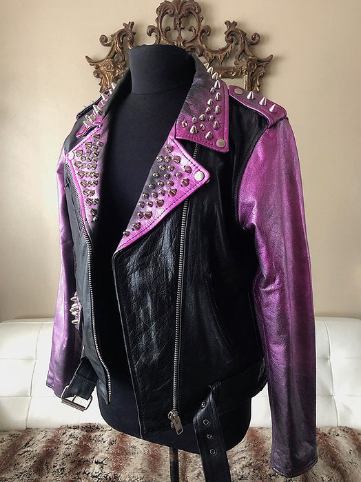 Pink "Distressed Look" Metallic Studded Cow Leather Motorcycle Jacket, Size M