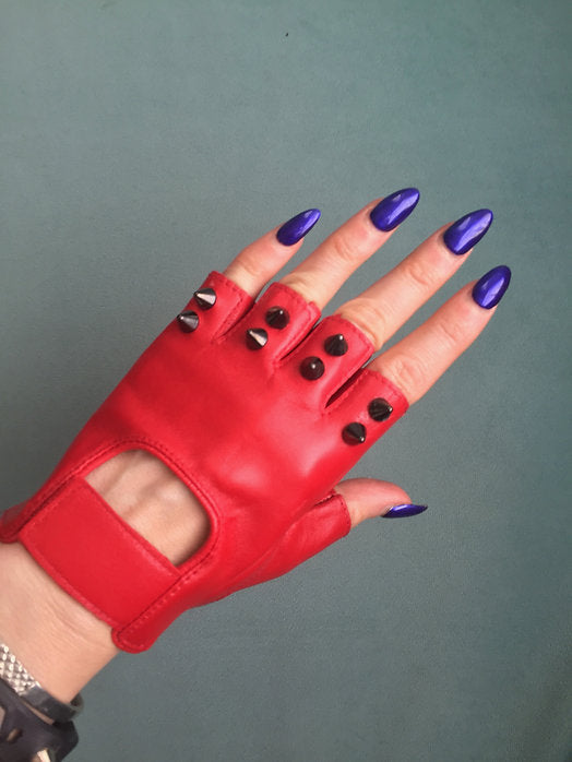 Red Leather Gloves with 2 Black Spikes