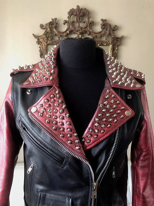 Red Metallic Studded Cow Leather Motorcycle Jacket, New, XS