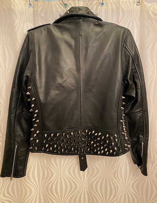 Black Studded Lambskin Motorcycle Jacket, Size L