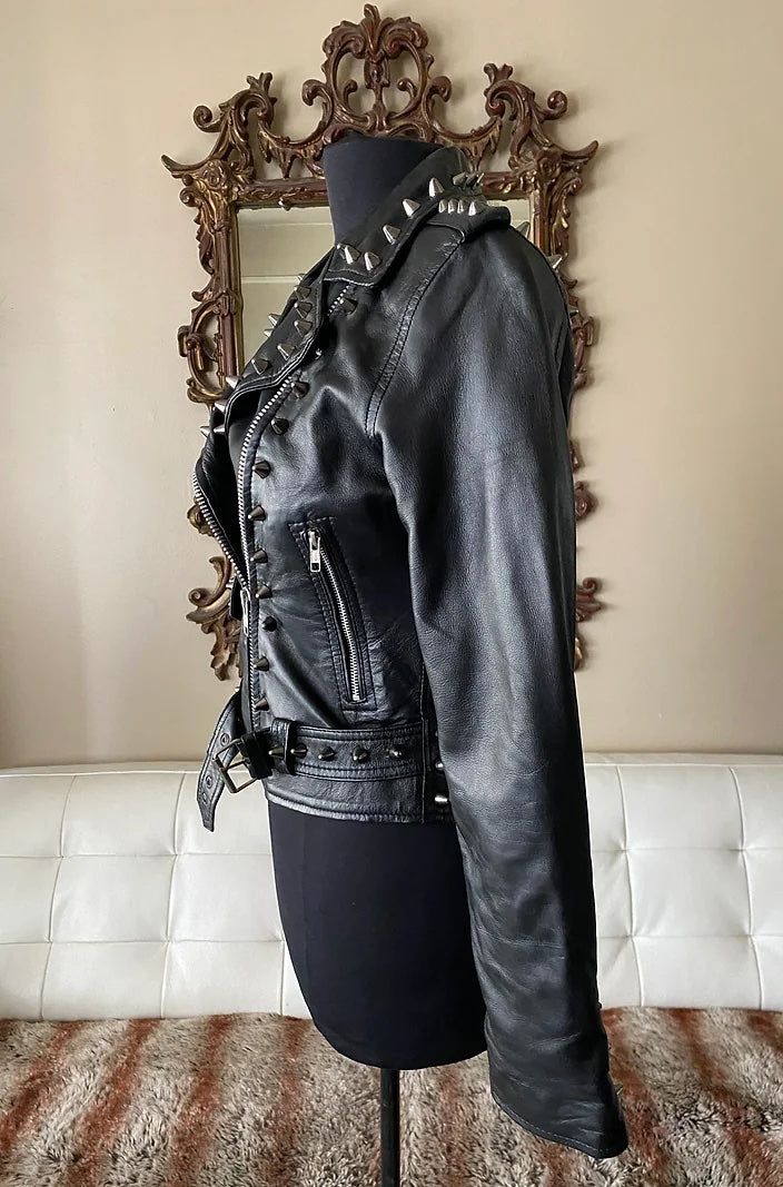 Black Studded Womens Lambskin Motorcycle Jacket, Size M