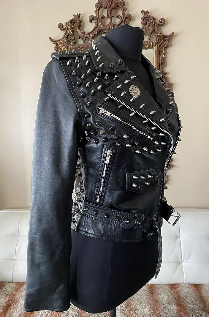 Black Studded Womens Lambskin Motorcycle Jacket, Size M