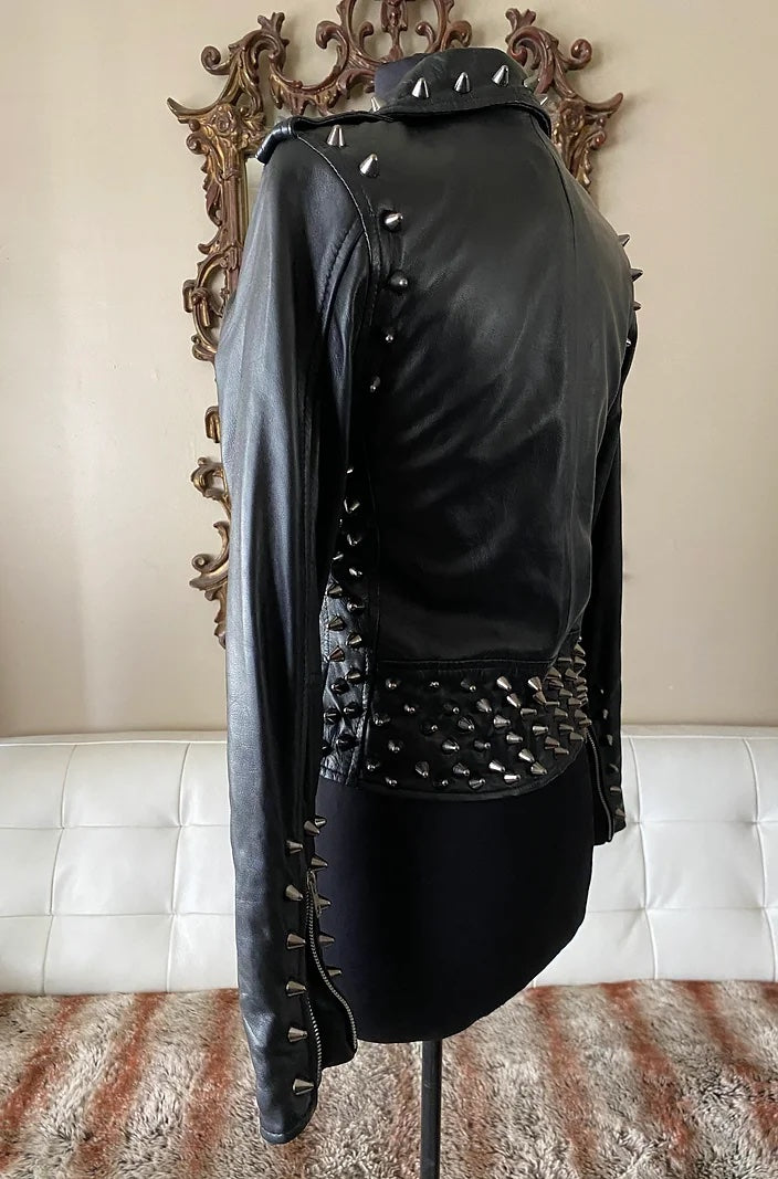 Black Studded Womens Lambskin Motorcycle Jacket, Size M