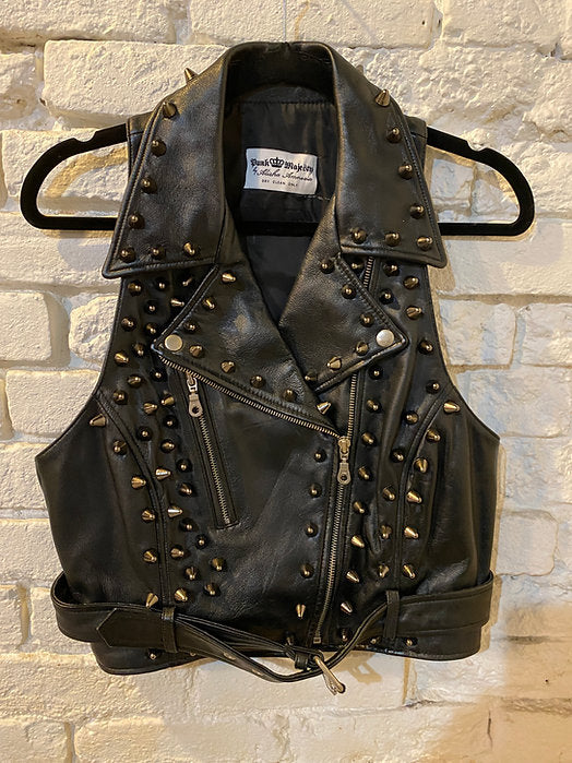 womens black studded moto vest