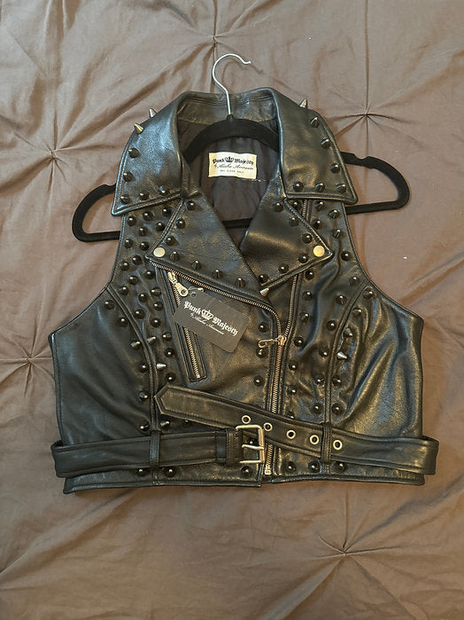 womens black studded moto vest