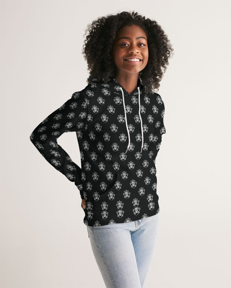 Womens Black Logo Pattern Hoodie with Skulls