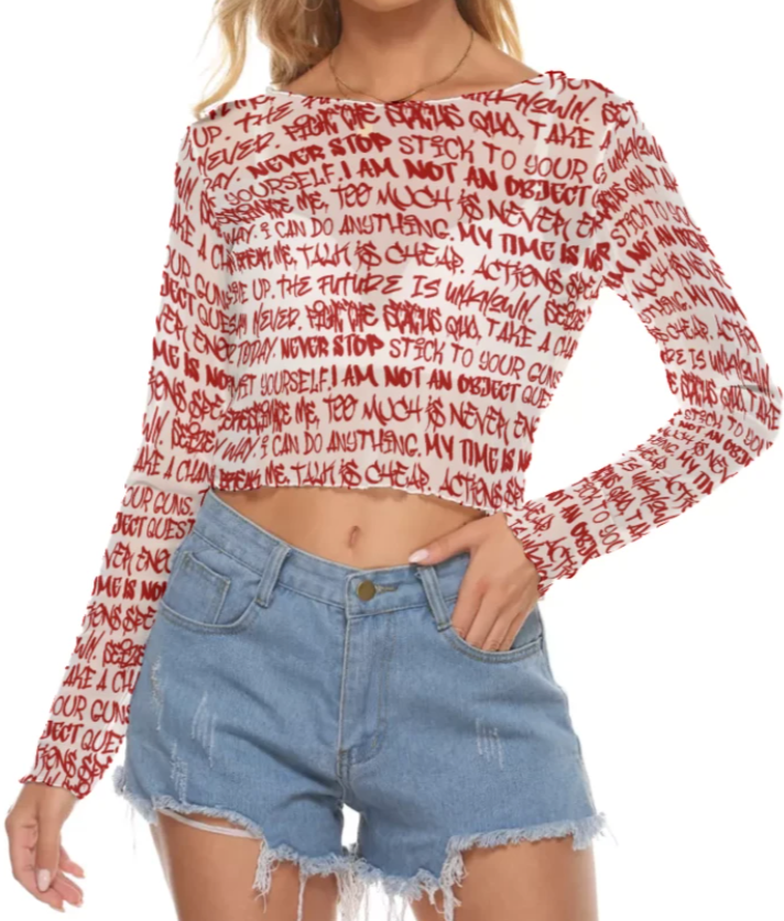 Graffiti Mesh Long Sleeve Crop Top, White & Red