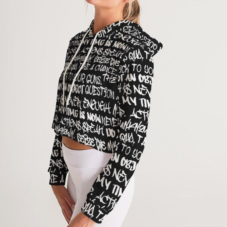 Women's Crop Hoodie, Black with White Graffiti