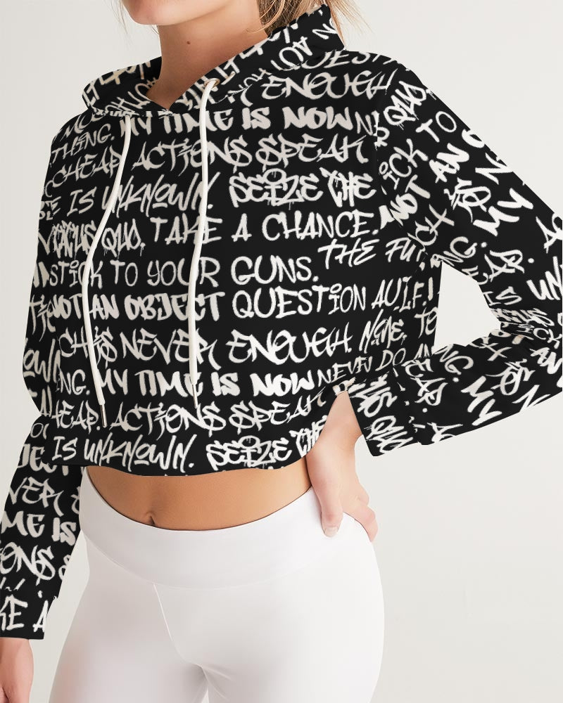 Women's Crop Hoodie, Black with White Graffiti