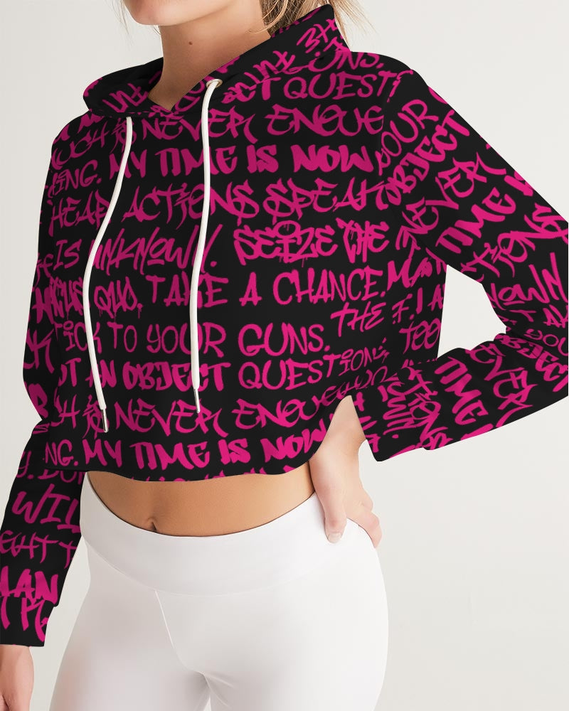 Women's Crop Hoodie, Black with Pink Graffiti