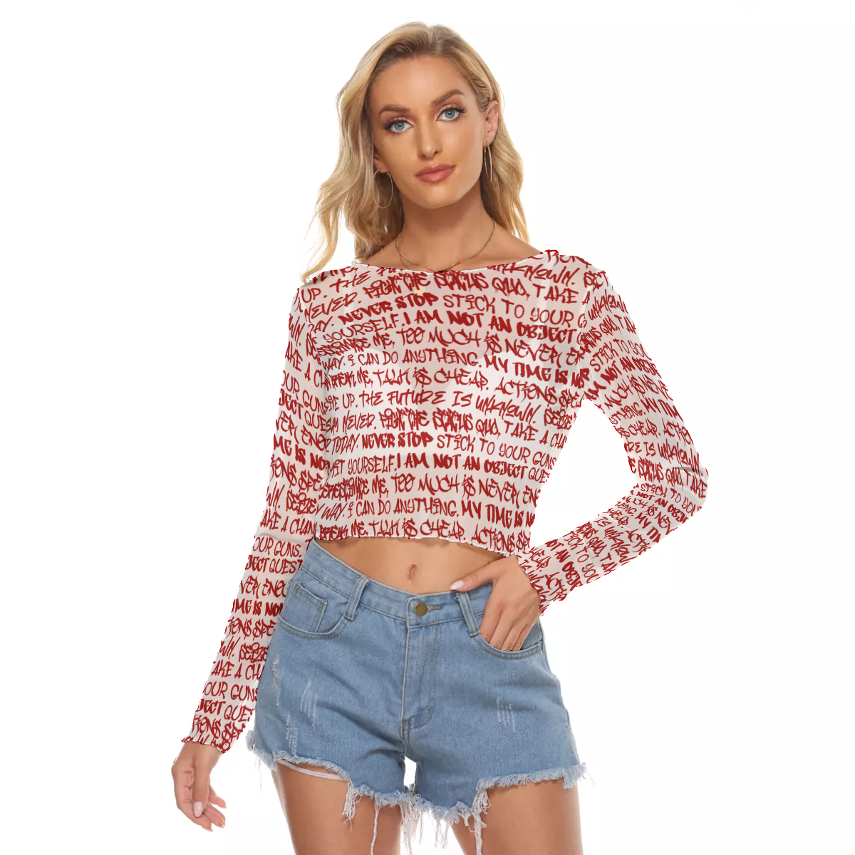 Graffiti Mesh Long Sleeve Crop Top, White & Red