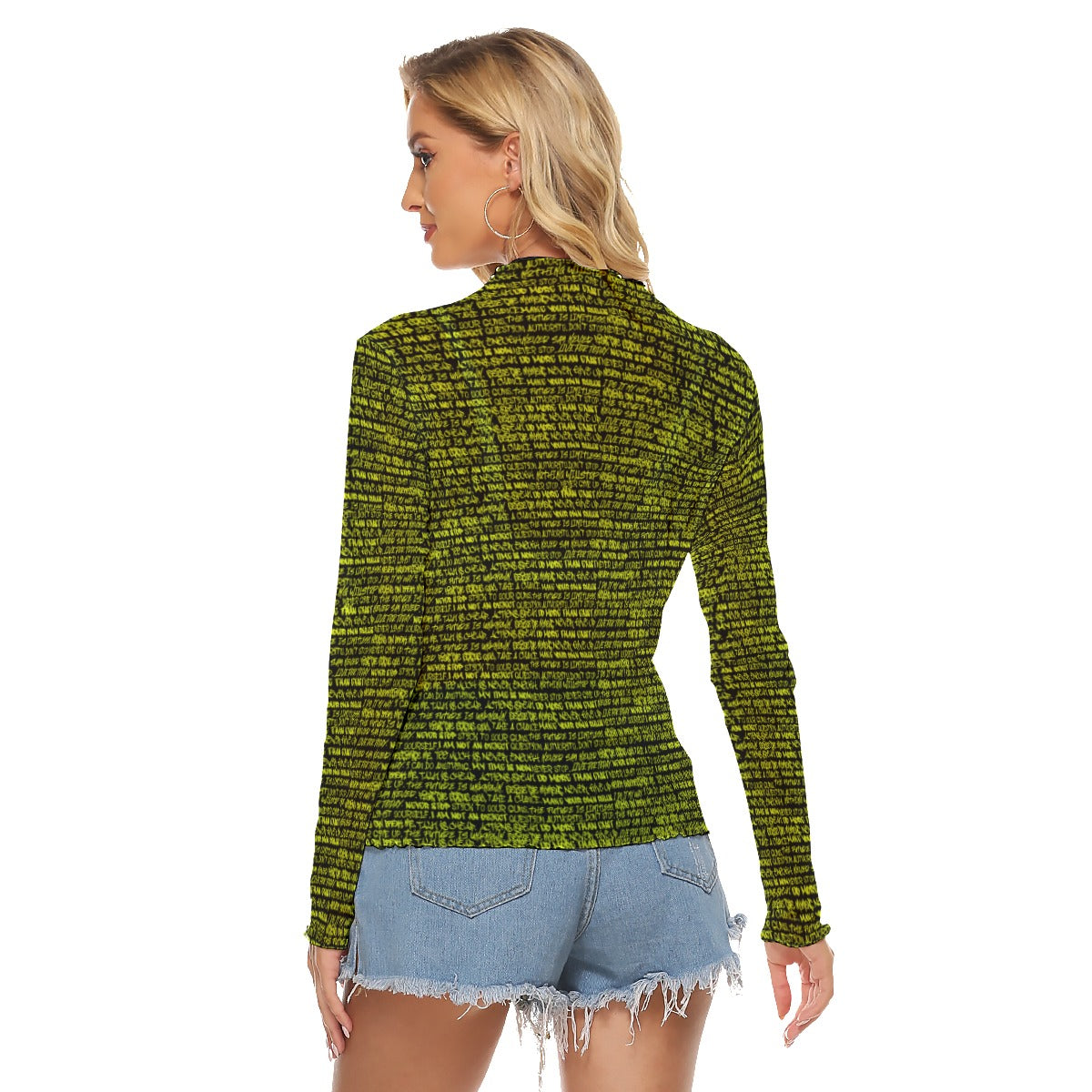 Black & Chartreuse Small Print Graffiti Mesh Top