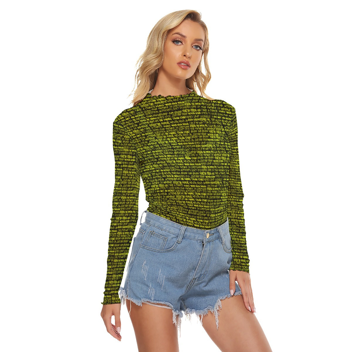 Black & Chartreuse Small Print Graffiti Mesh Top