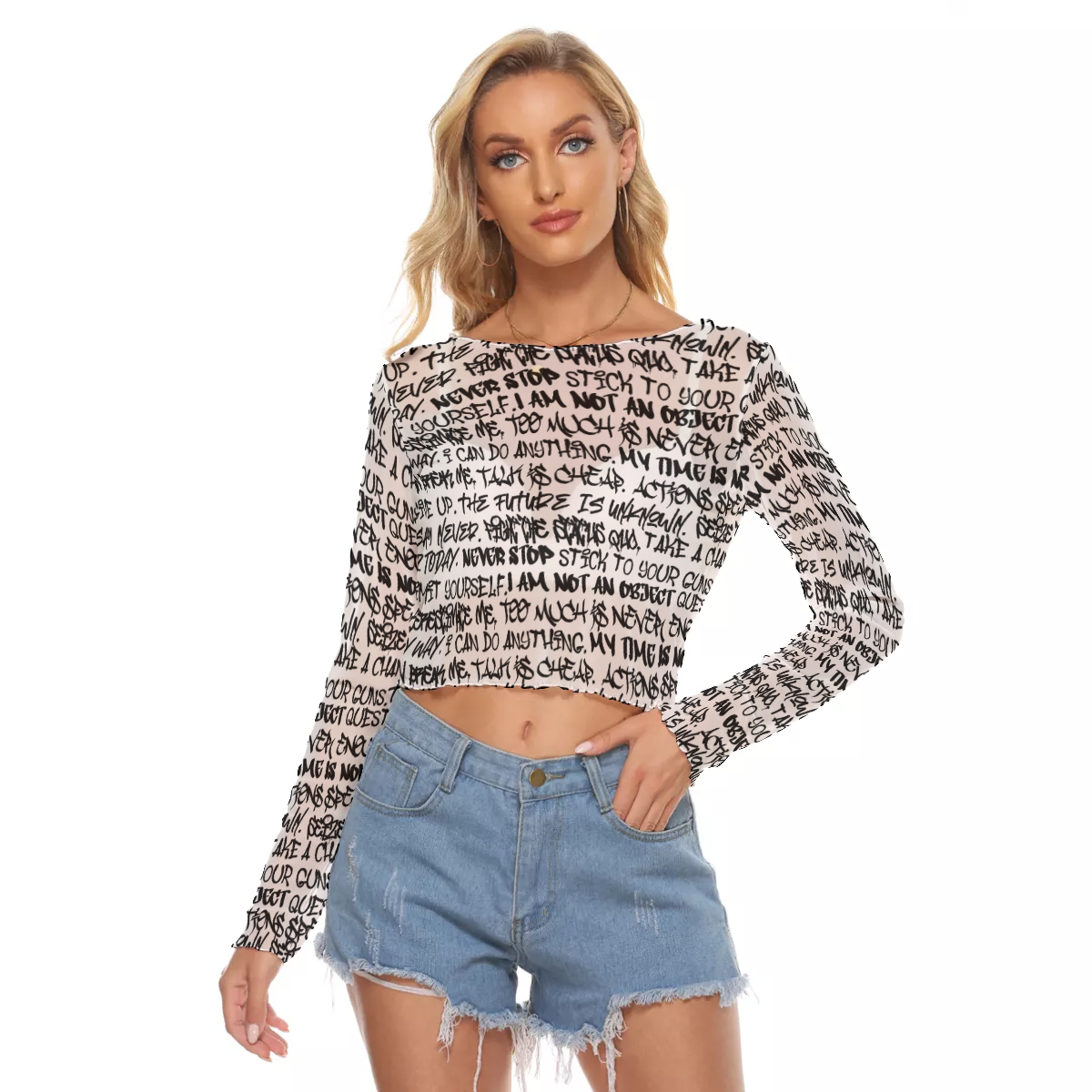 Graffiti Mesh Long Sleeve Crop Top, White & Black