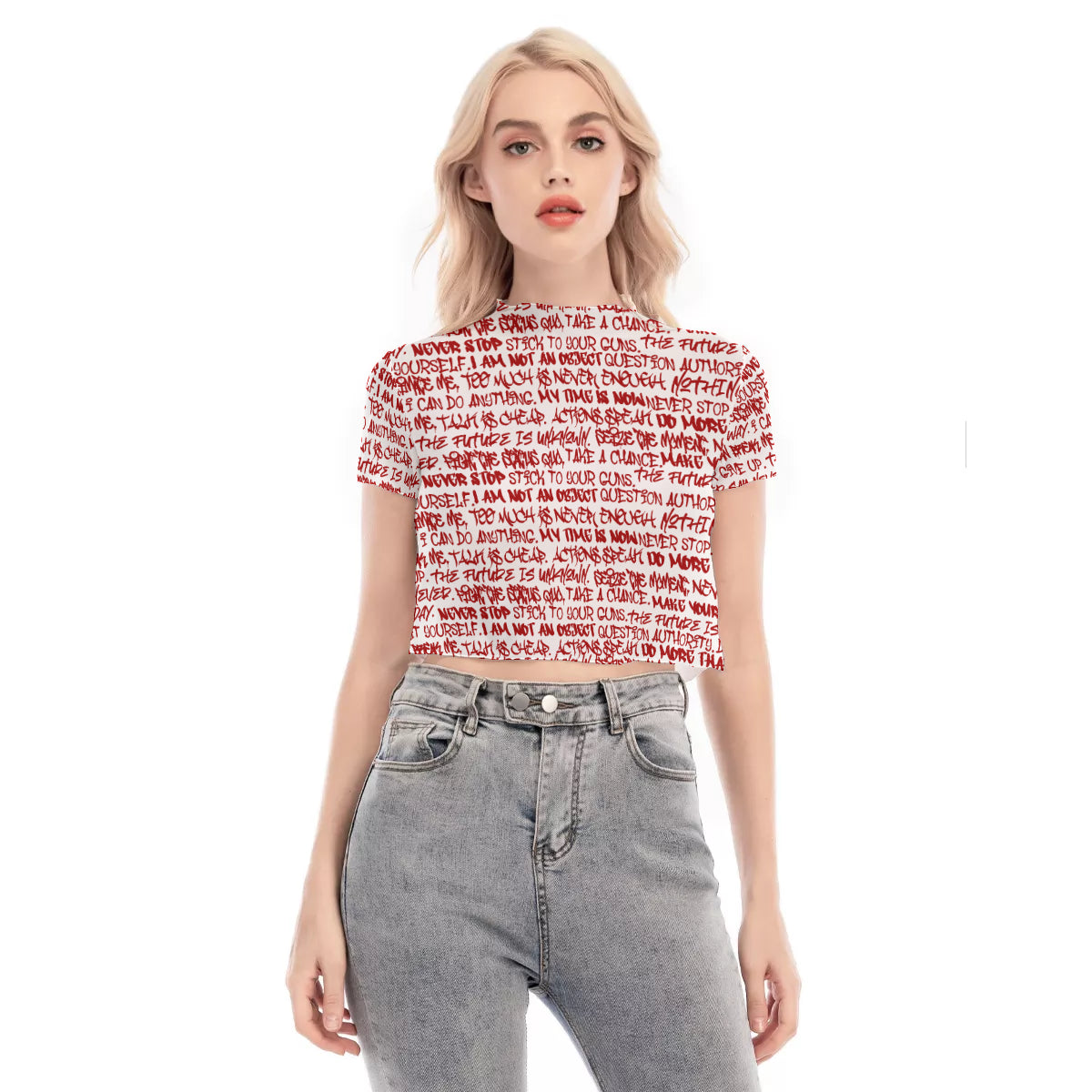 Graffiti Short Sleeve Mesh Crop Top, White & Red