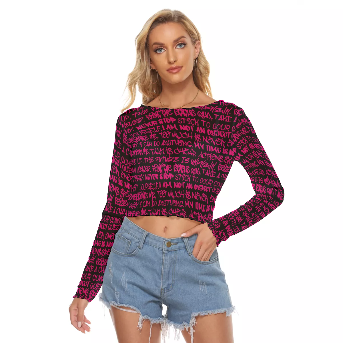 Graffiti Mesh Long Sleeve Crop Top, Black & Pink