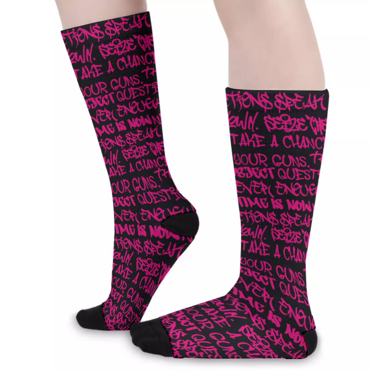 Punk Majesty Graffiti Unisex Long Socks, Pink on Black