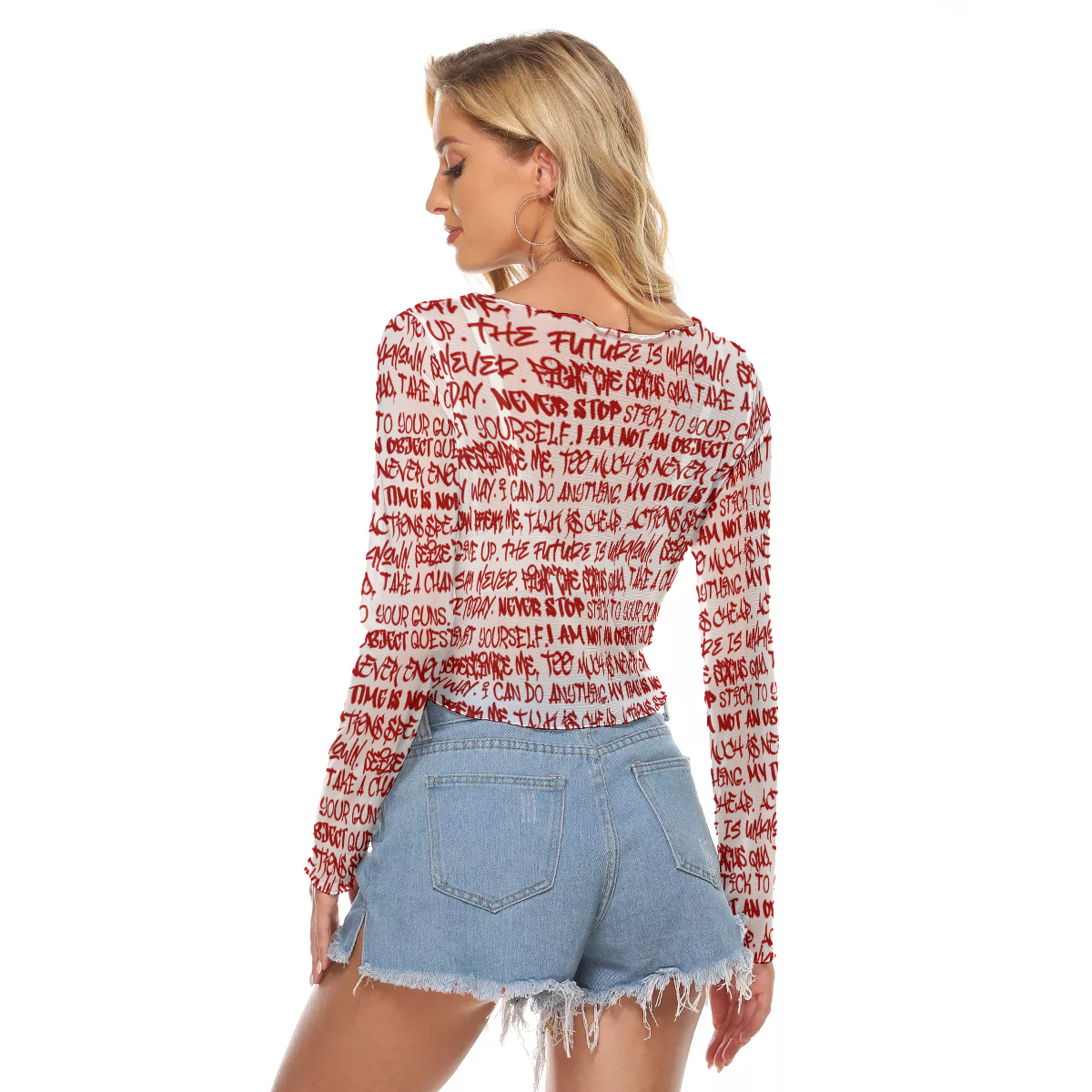 Graffiti Mesh Long Sleeve Crop Top, White & Red