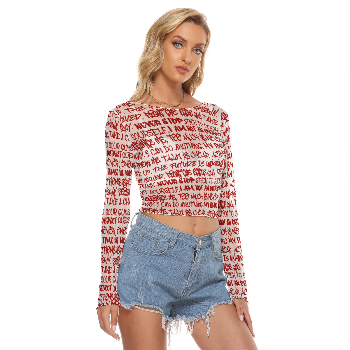 Graffiti Mesh Long Sleeve Crop Top, White & Red