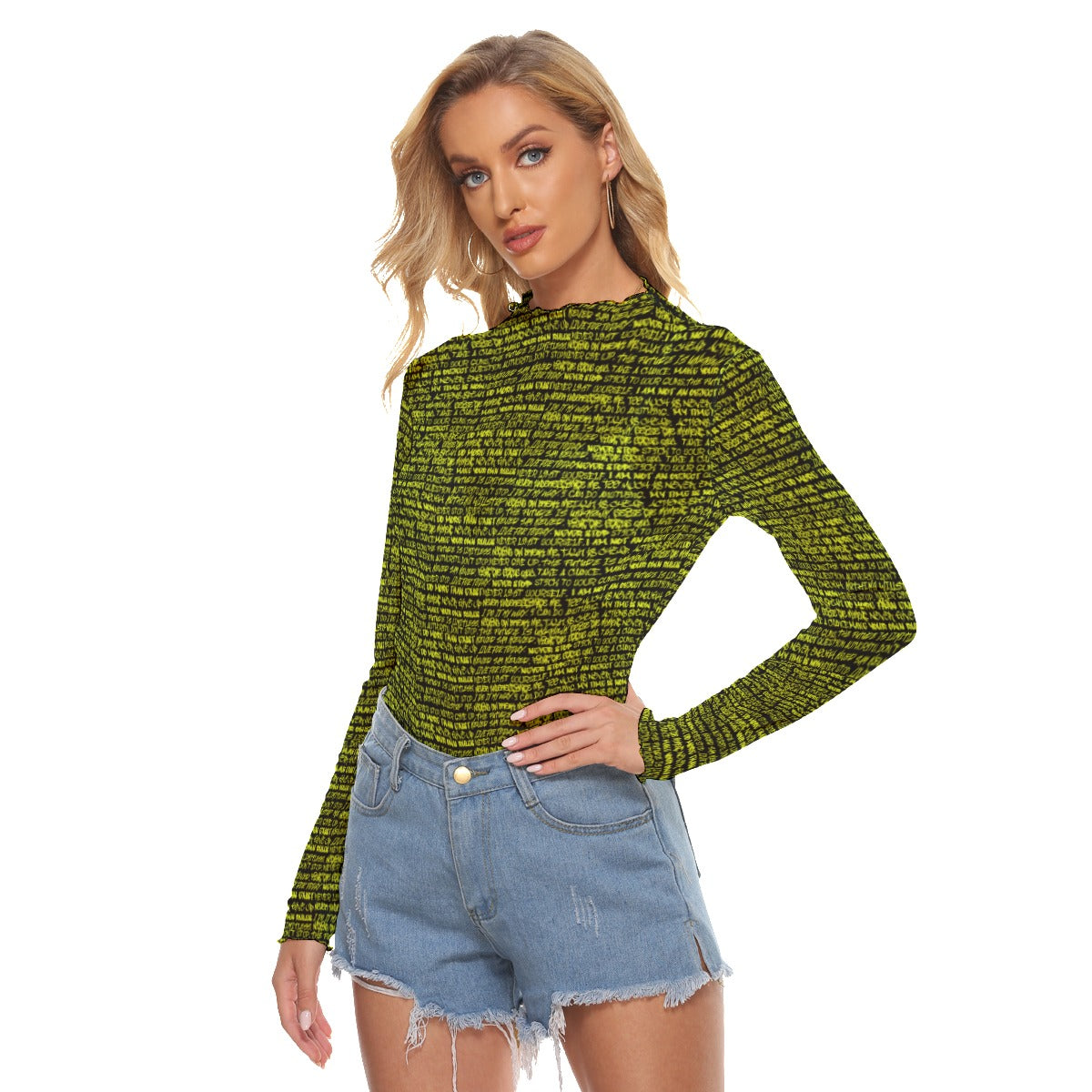 Black & Chartreuse Small Print Graffiti Mesh Top