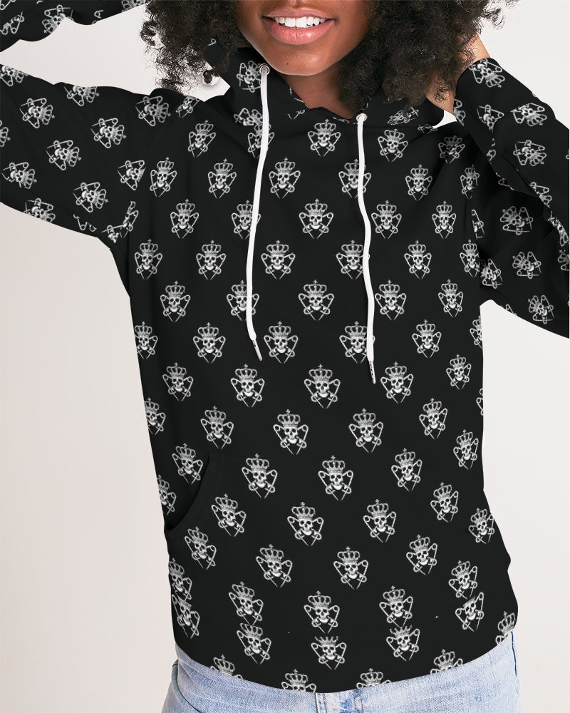 Womens Black Logo Pattern Hoodie with Skulls