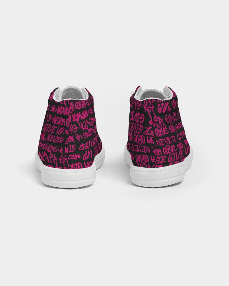 NEVER GIVE UP Pink Graffiti Kids Hightop Canvas Shoe