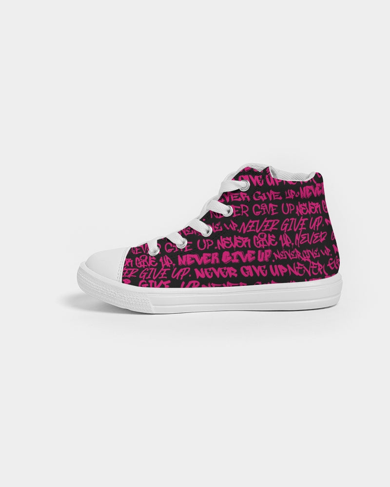 NEVER GIVE UP Pink Graffiti Kids Hightop Canvas Shoe