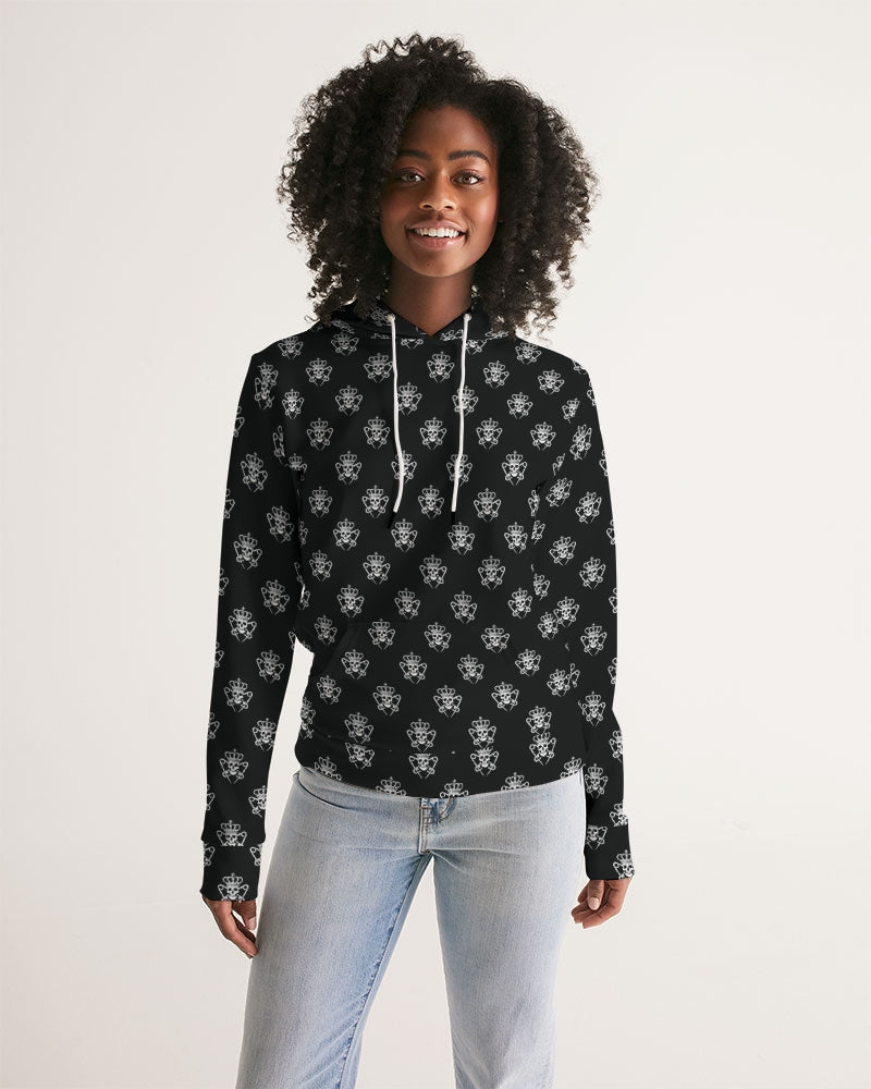 Womens Black Logo Pattern Hoodie with Skulls