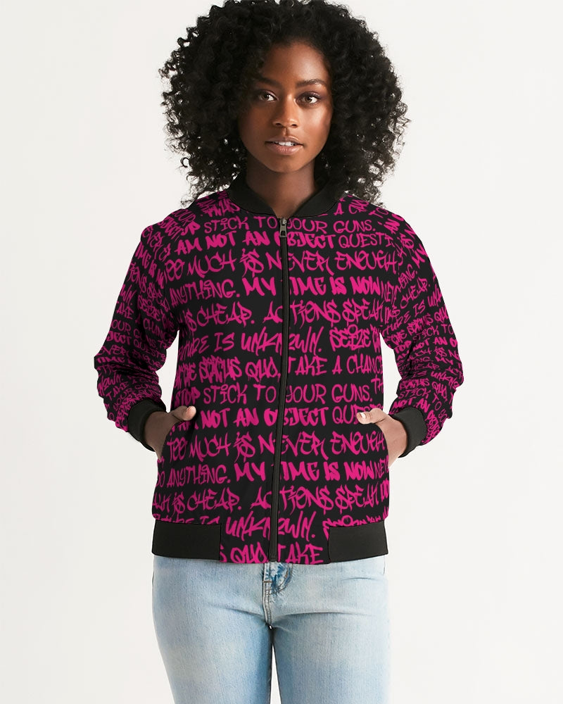 Women's Bomber Jacket, Black and Pink Graffiti