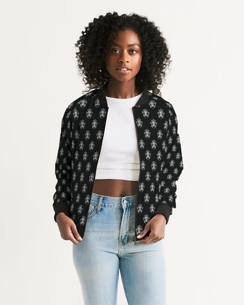 Women's Bomber Jacket, Black and White Logo Print