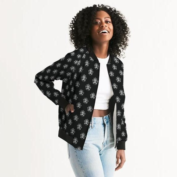 Women's Bomber Jacket, Black and White Logo Print