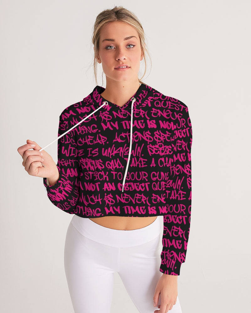 Women's Crop Hoodie, Black with Pink Graffiti