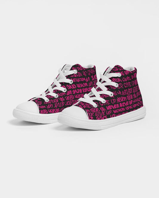 NEVER GIVE UP Pink Graffiti Kids Hightop Canvas Shoe