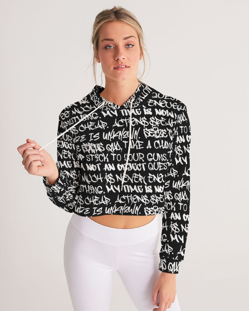 Women's Crop Hoodie, Black with White Graffiti