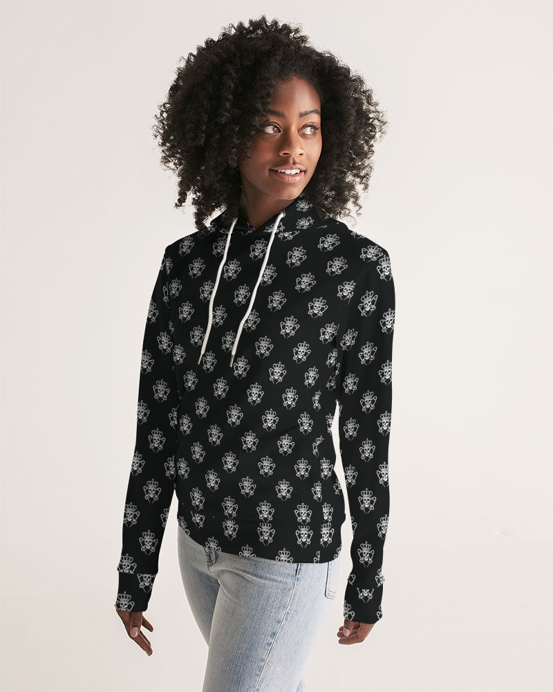 Womens Black Logo Pattern Hoodie with Skulls