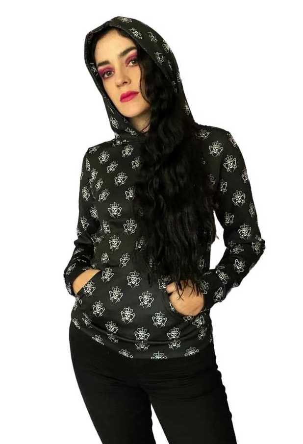 Womens Black Logo Pattern Hoodie with Skulls