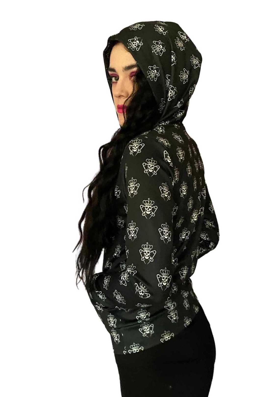 Womens Black Logo Pattern Hoodie with Skulls