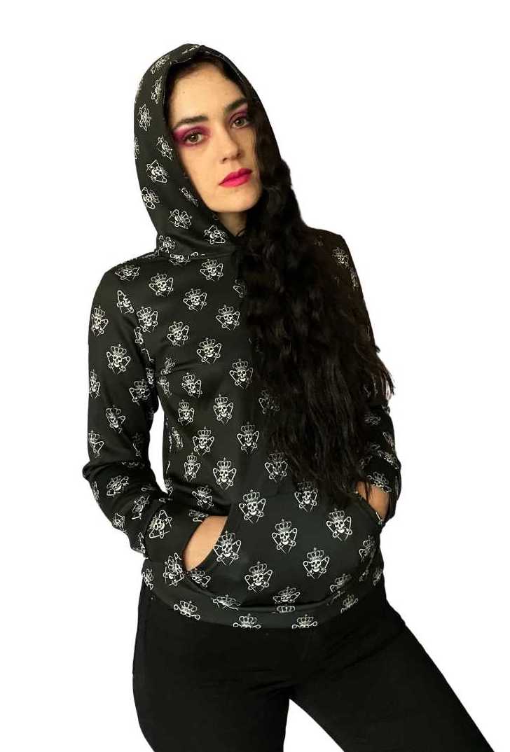 Womens Black Logo Pattern Hoodie with Skulls