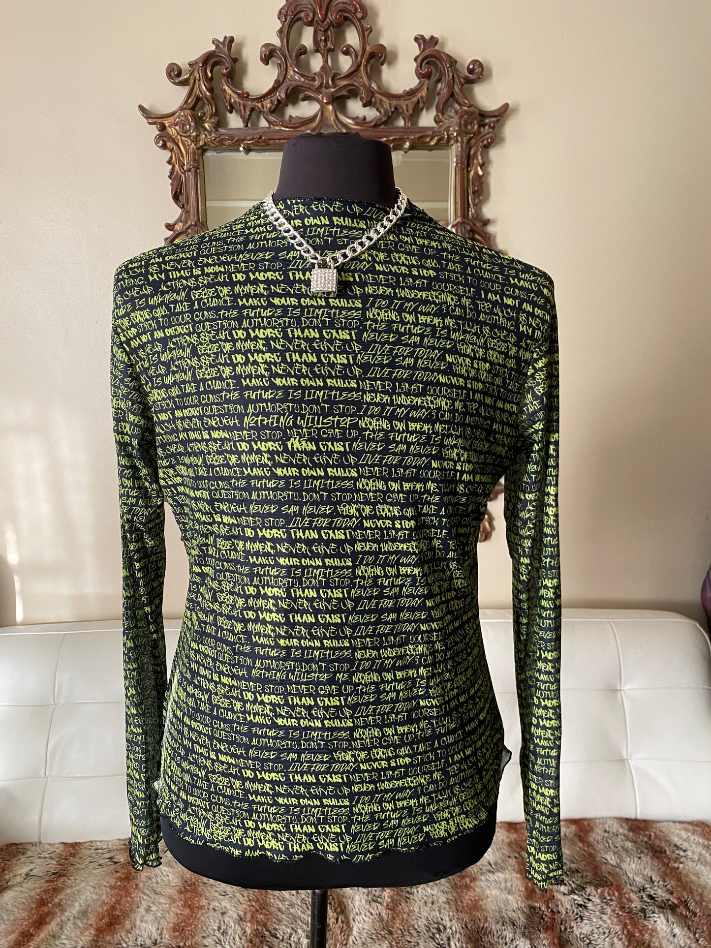 Black & Chartreuse Small Print Graffiti Mesh Top