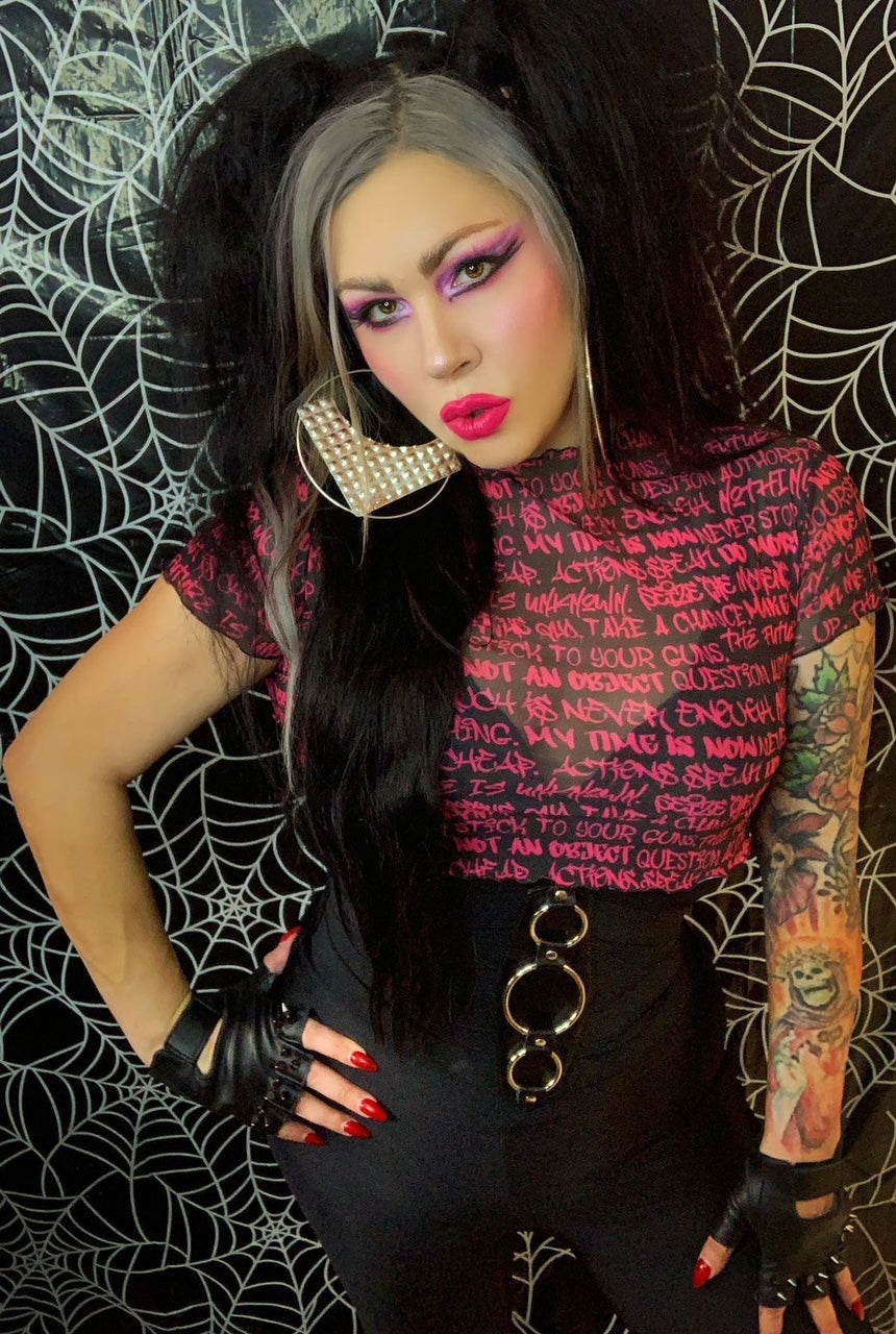 Graffiti Short Sleeve Mesh Crop Top, Black & Pink - Punk Majesty Streetwear